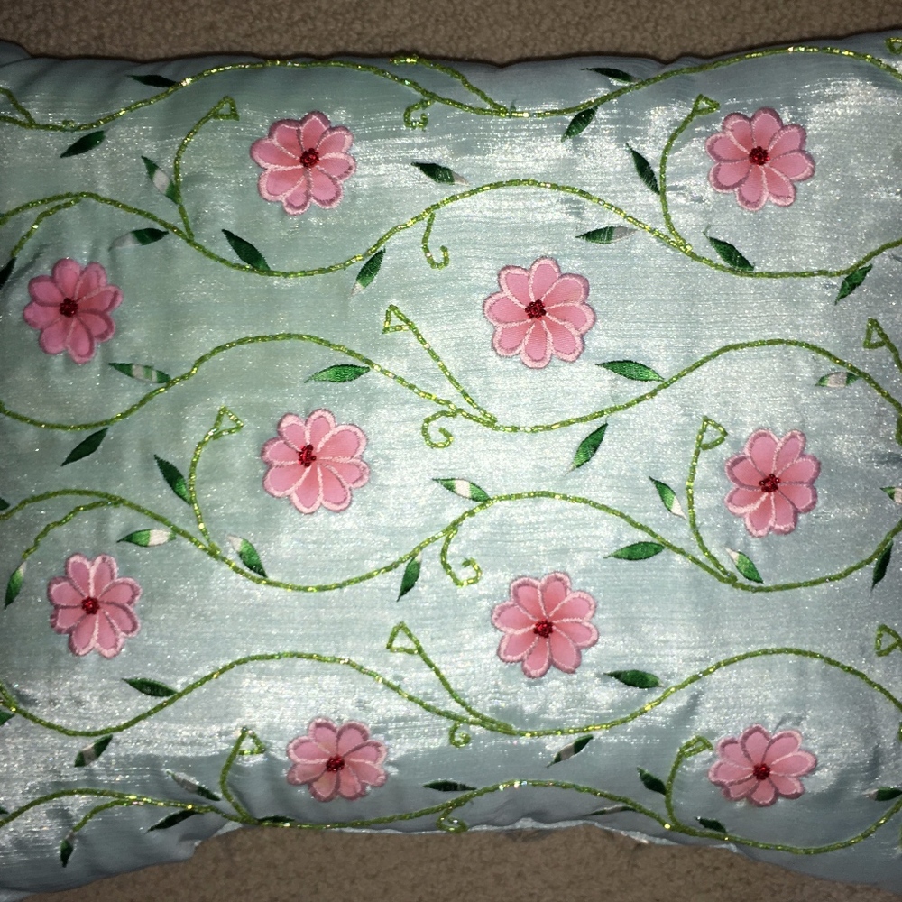 Pretty Blue Silk Floral Beaded Accent Pillow